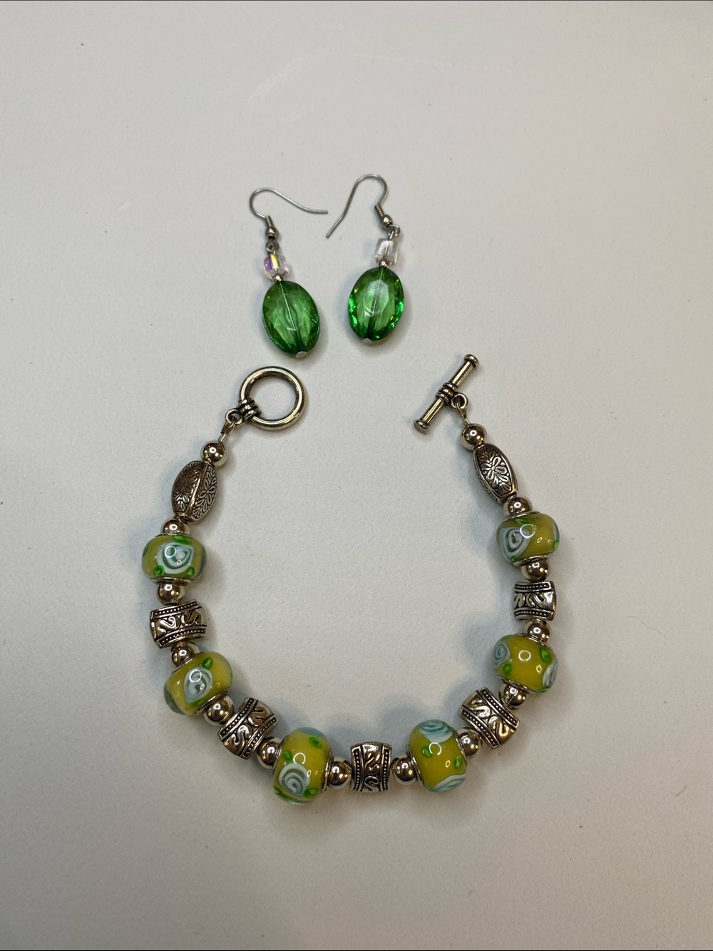 Green and Yellow Glass Bead Bracelet with Silver Accent Beads